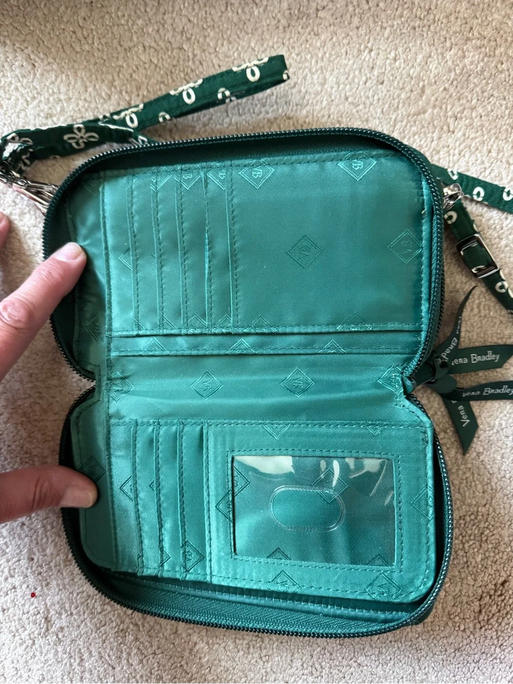 Vera Bradley Michigan State Green Quilted Wristlet with White Embroidered Motif